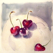 Still Life with cherries, mixed media on watercolour paper by Barbara Gray